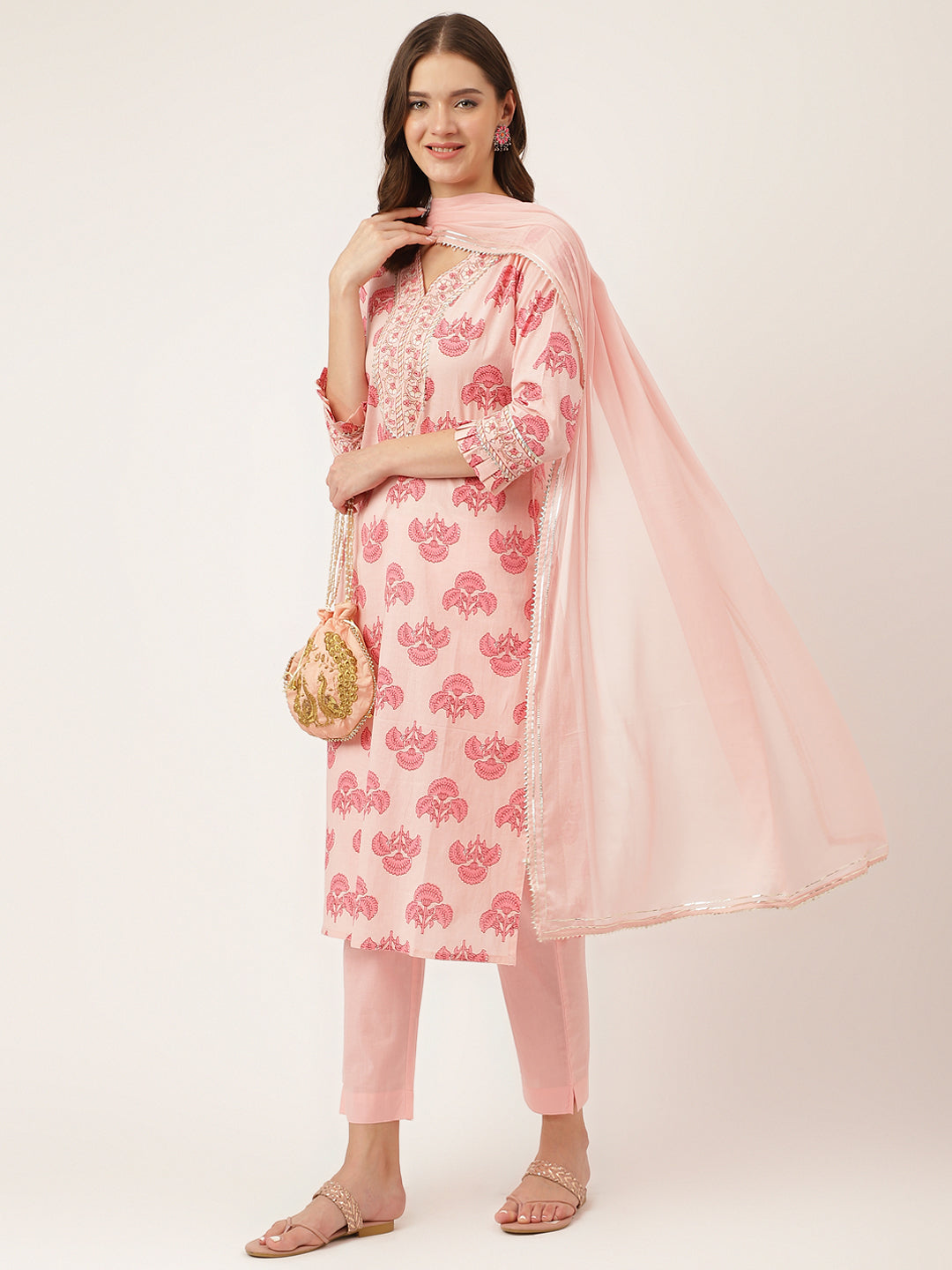 Women's Pink Floral Print Cotton Kurta, Trouser With Dupatta - Taantav