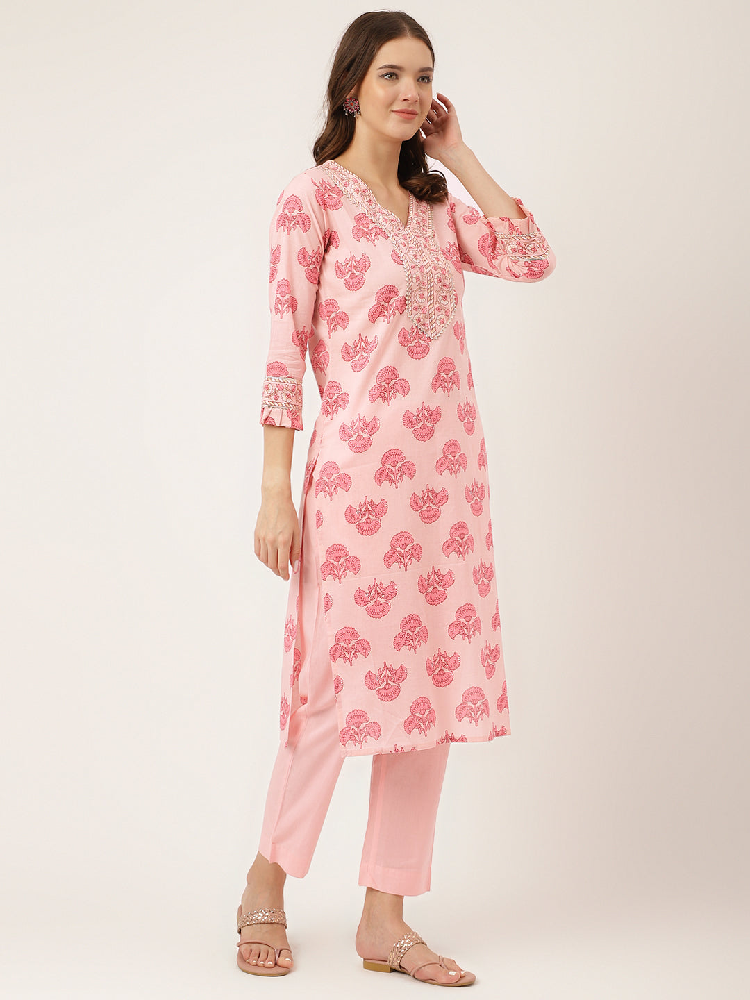 Women's Pink Floral Print Cotton Kurta, Trouser With Dupatta - Taantav