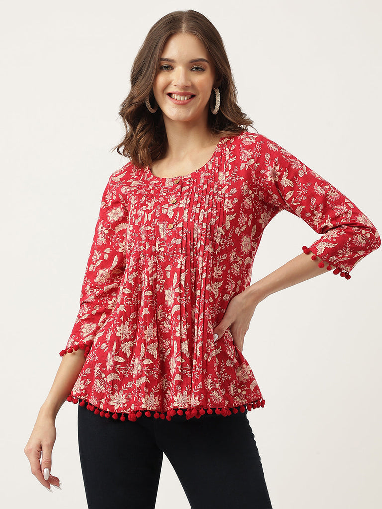 Women's Rani Pink Floral Printed Cotton Peplum Top