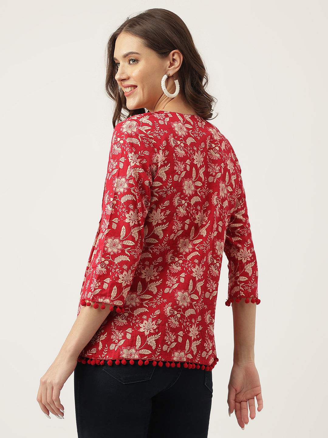 Women's Rani Pink Floral Printed Cotton Peplum Top - Taantav