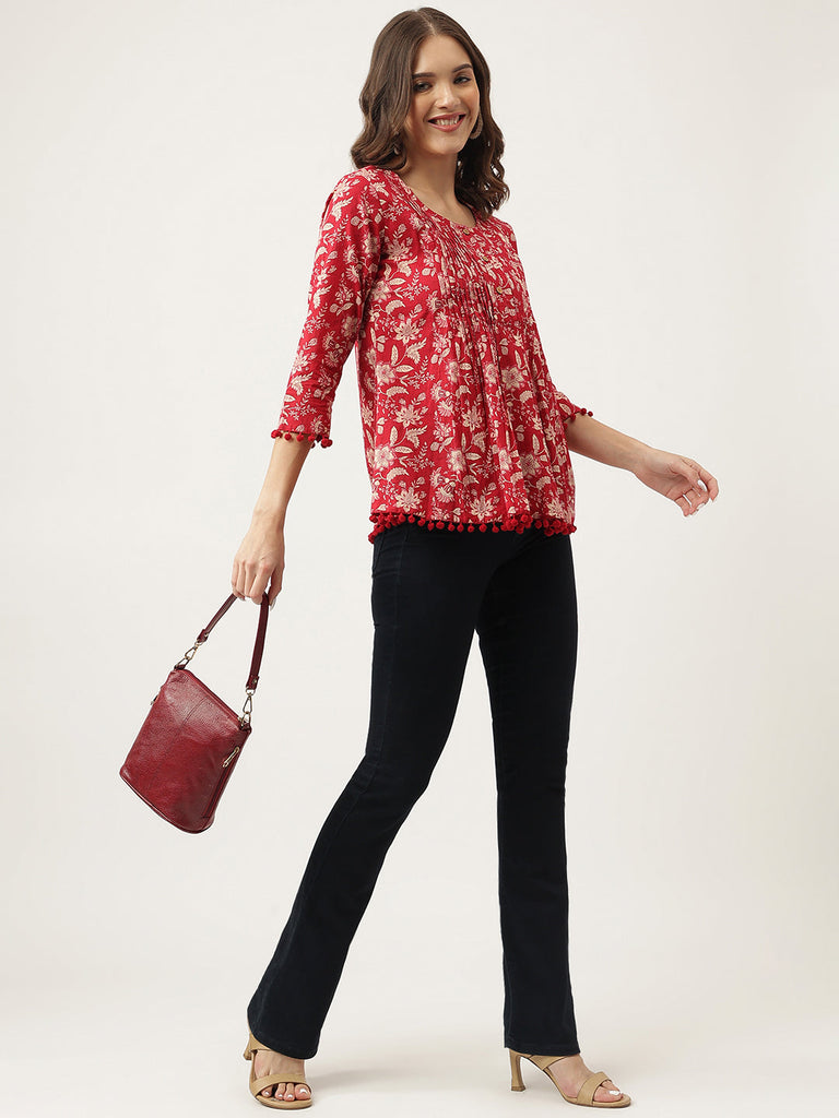 Women's Rani Pink Floral Printed Cotton Peplum Top