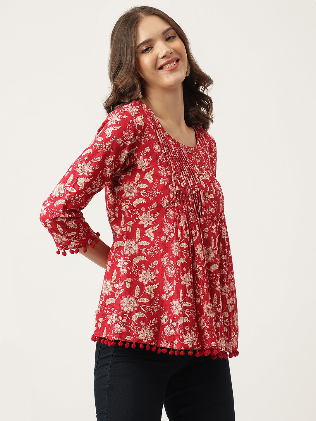 Women's Rani Pink Floral Printed Cotton Peplum Top - Taantav