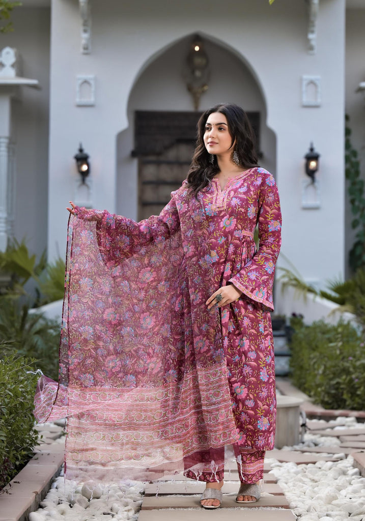 Women's Magenta Hand Block Floral Printed Cotton Kurta Set