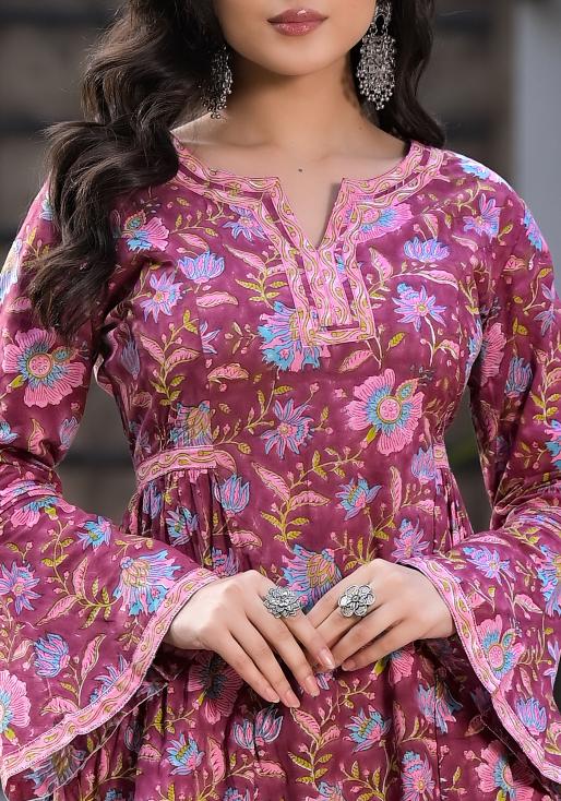 Women's Magenta Hand Block Floral Printed Cotton Kurta Set - Taantav