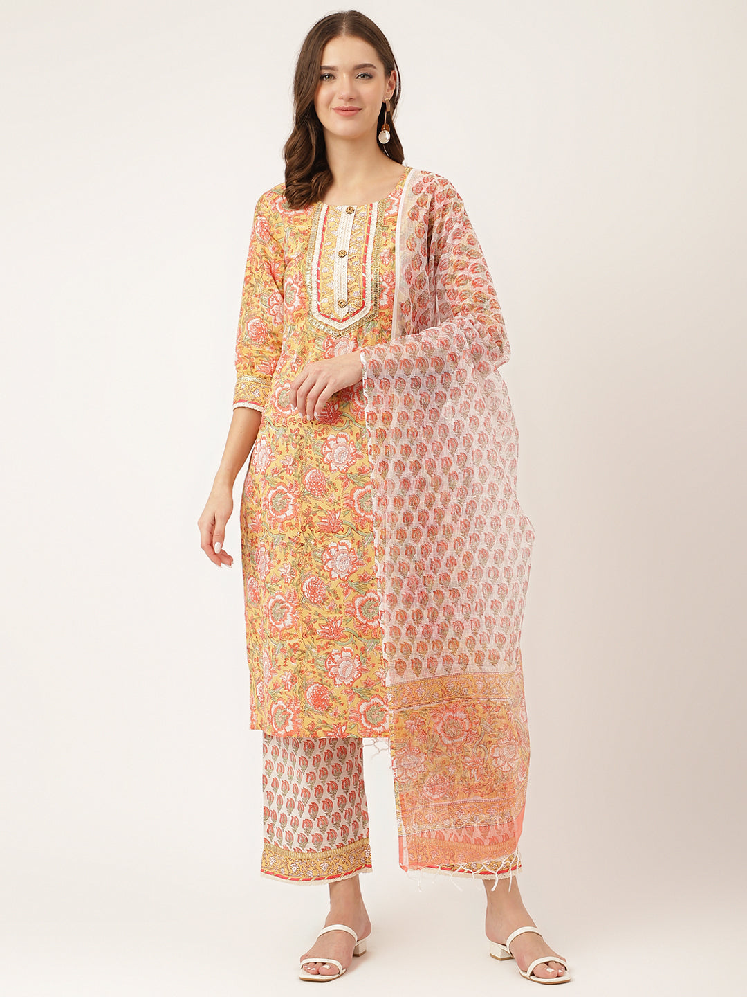 Women's Yellow Hand Block Floral Print Cotton Kurta, Trouser With Dupatta - Taantav