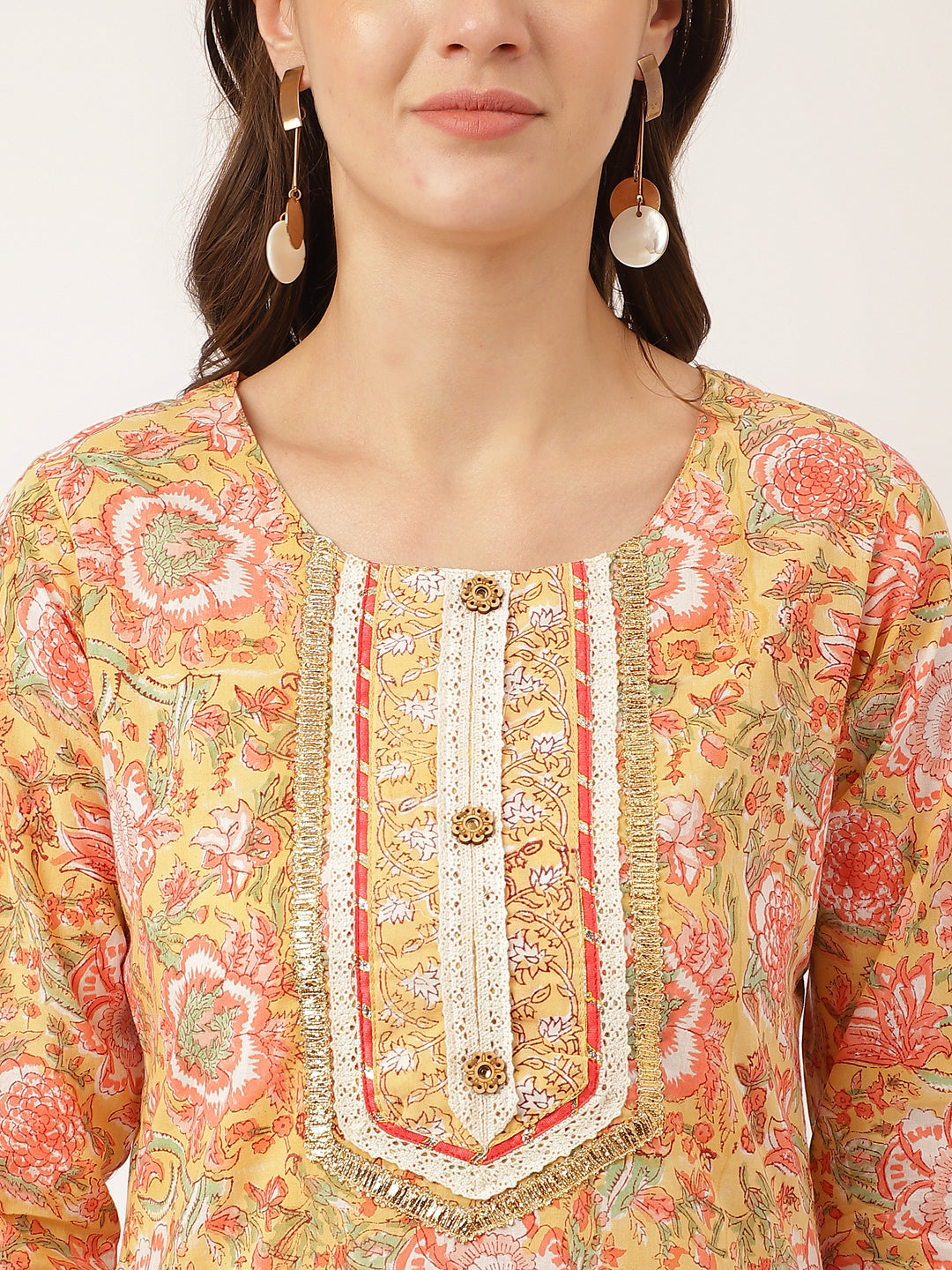 Women's Yellow Hand Block Floral Print Cotton Kurta, Trouser With Dupatta - Taantav