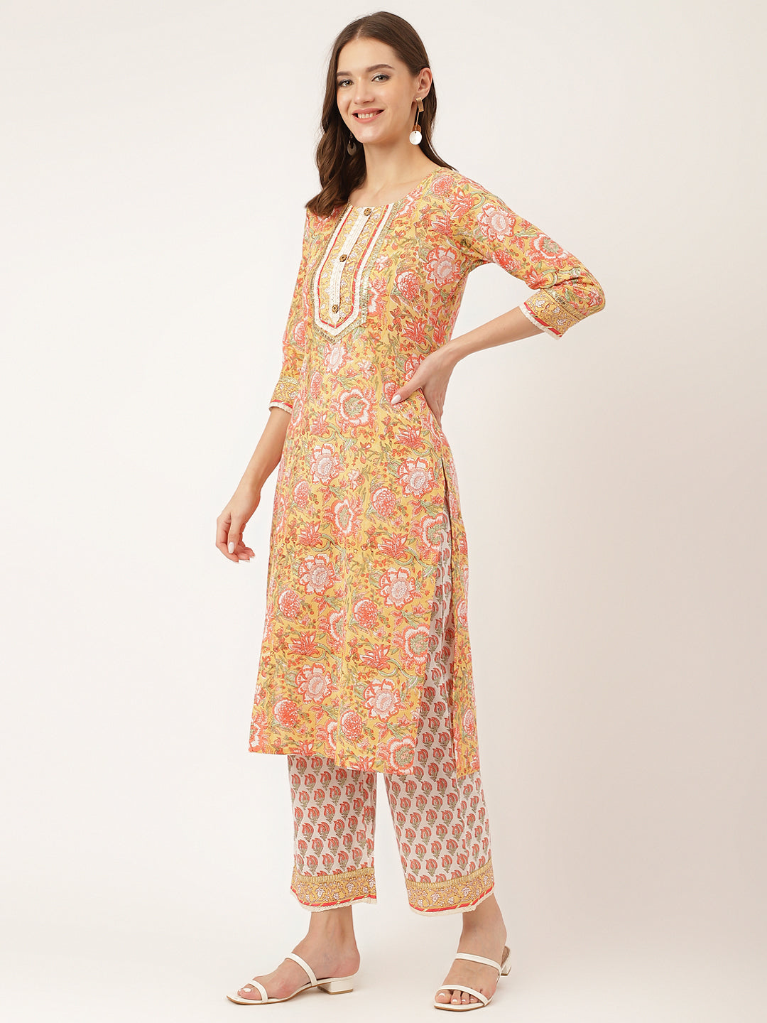 Women's Yellow Hand Block Floral Print Cotton Kurta, Trouser With Dupatta - Taantav