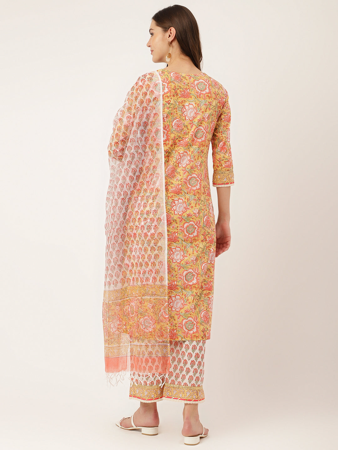 Women's Yellow Hand Block Floral Print Cotton Kurta, Trouser With Dupatta - Taantav