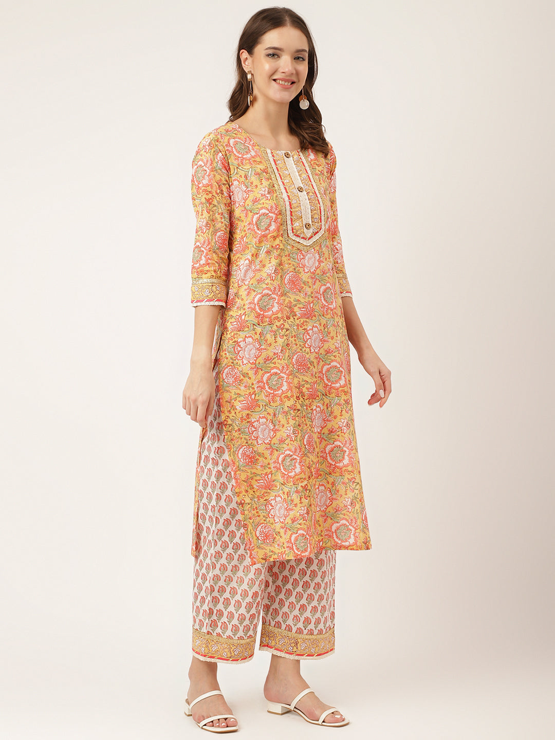 Women's Yellow Hand Block Floral Print Cotton Kurta, Trouser With Dupatta - Taantav