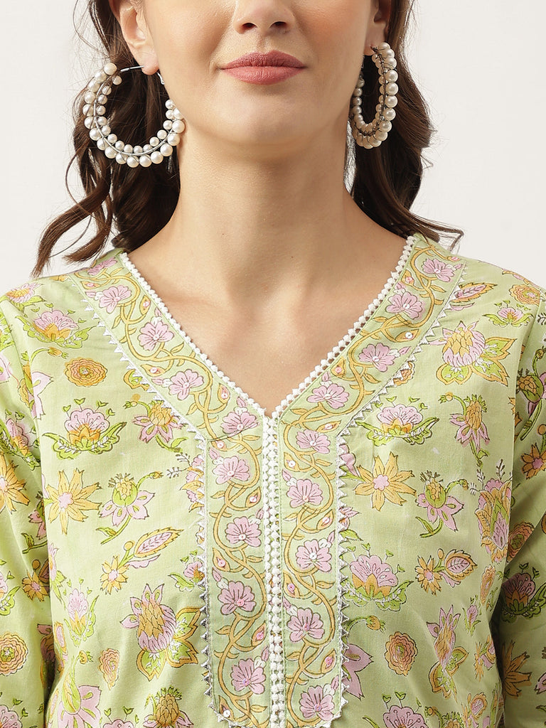 Women's Green Floral Printed Cotton Straight Kurta, trousers with Dupatta Set