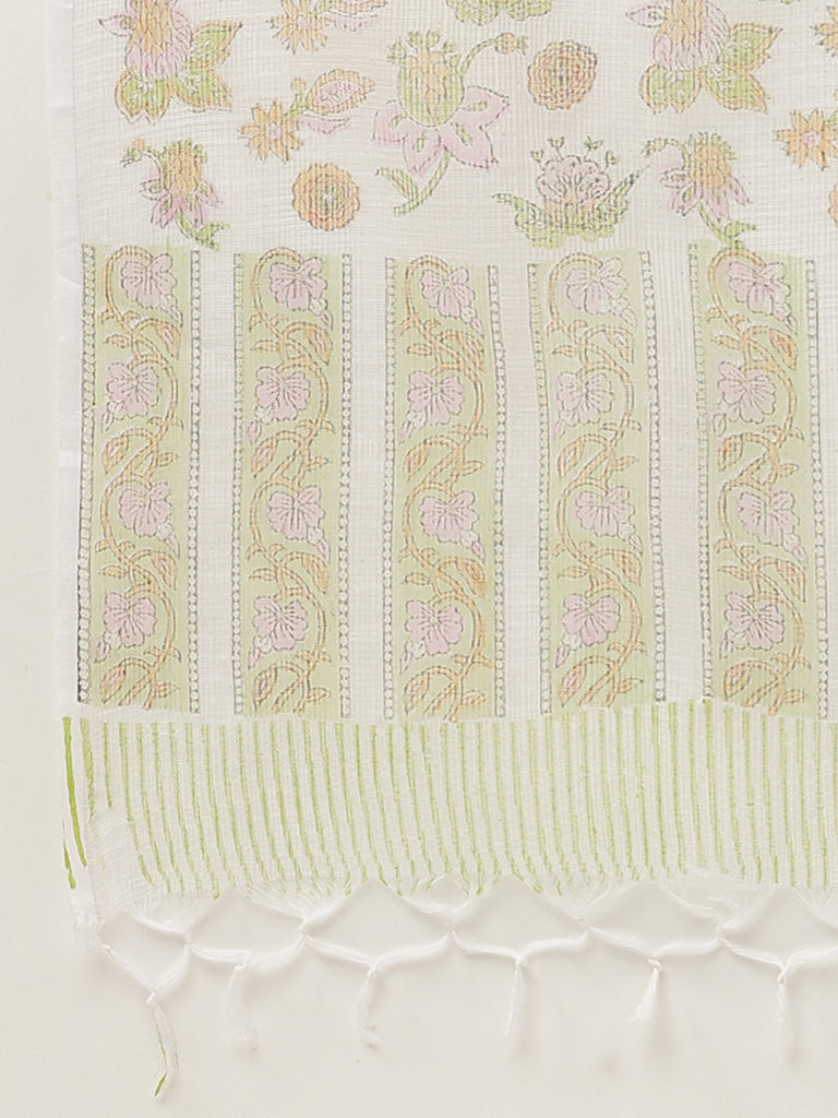 Women's Green Floral Printed Cotton Straight Kurta, trousers with Dupatta Set
