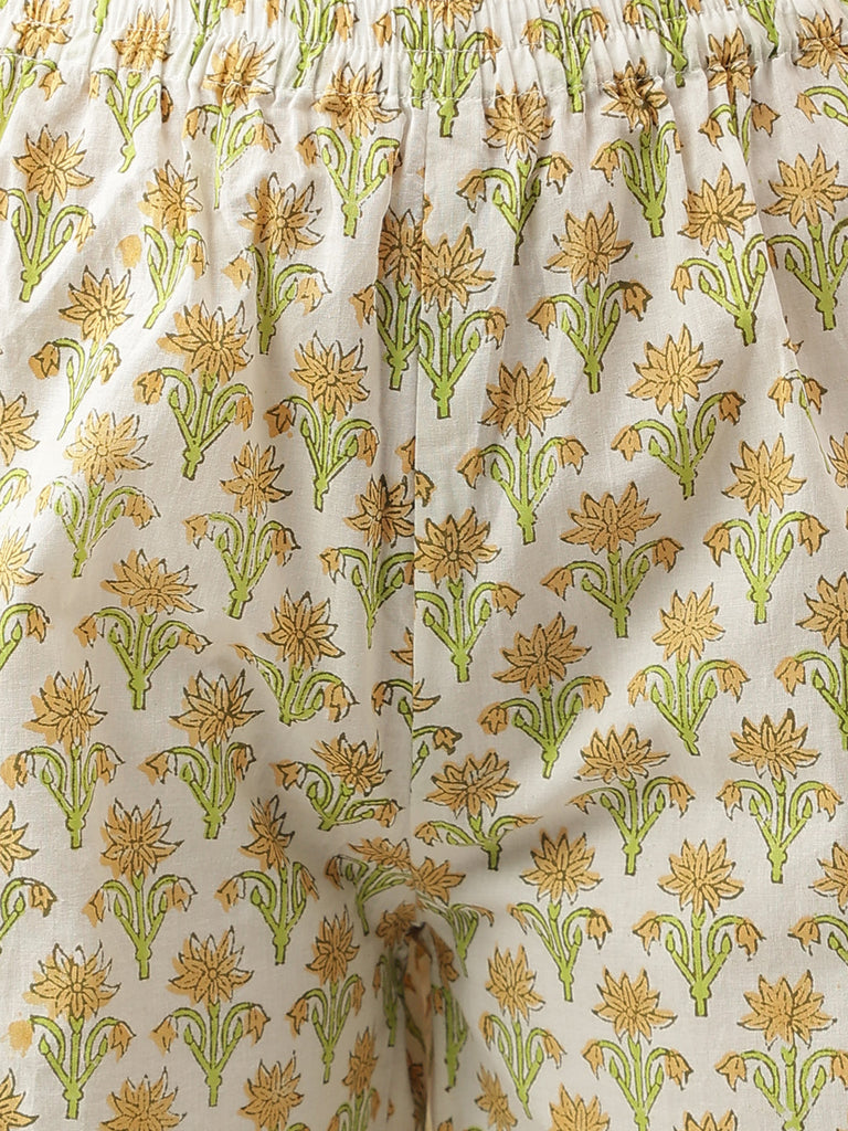 Women's Green Floral Printed Cotton Straight Kurta, trousers with Dupatta Set