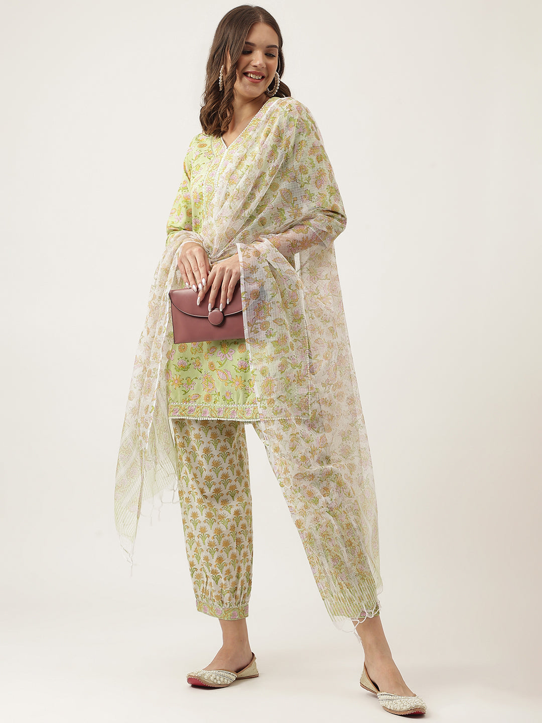 Women's Green Floral Printed Cotton Straight Kurta, trousers with Dupatta Set - Taantav