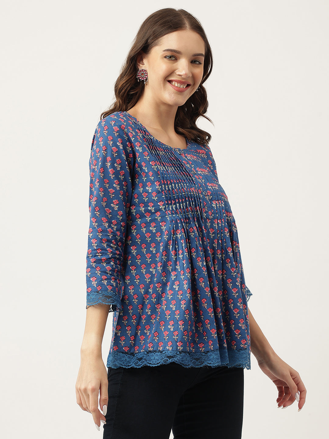 Women's Navy Blue Floral Printed Cotton Peplum Top - Taantav