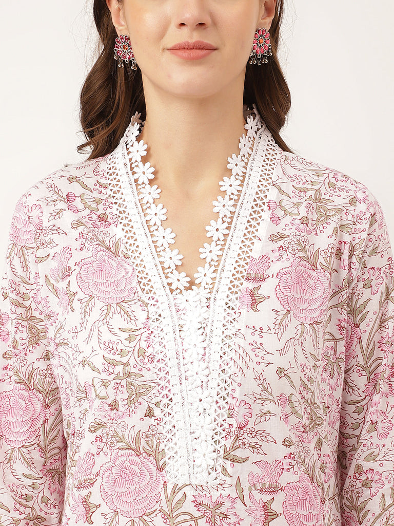 Women's White Hand Block Floral Print Cotton Kurta, Trouser With Dupatta