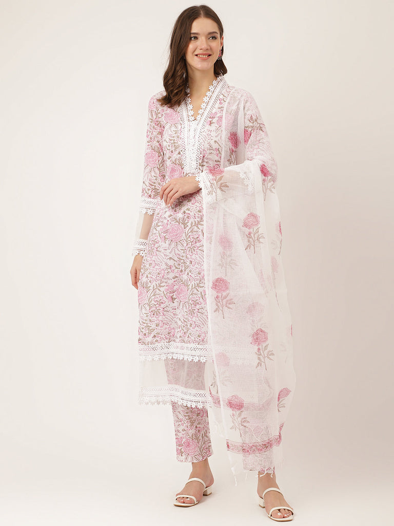 Women's White Hand Block Floral Print Cotton Kurta, Trouser With Dupatta