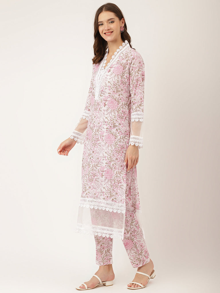 Women's White Hand Block Floral Print Cotton Kurta, Trouser With Dupatta