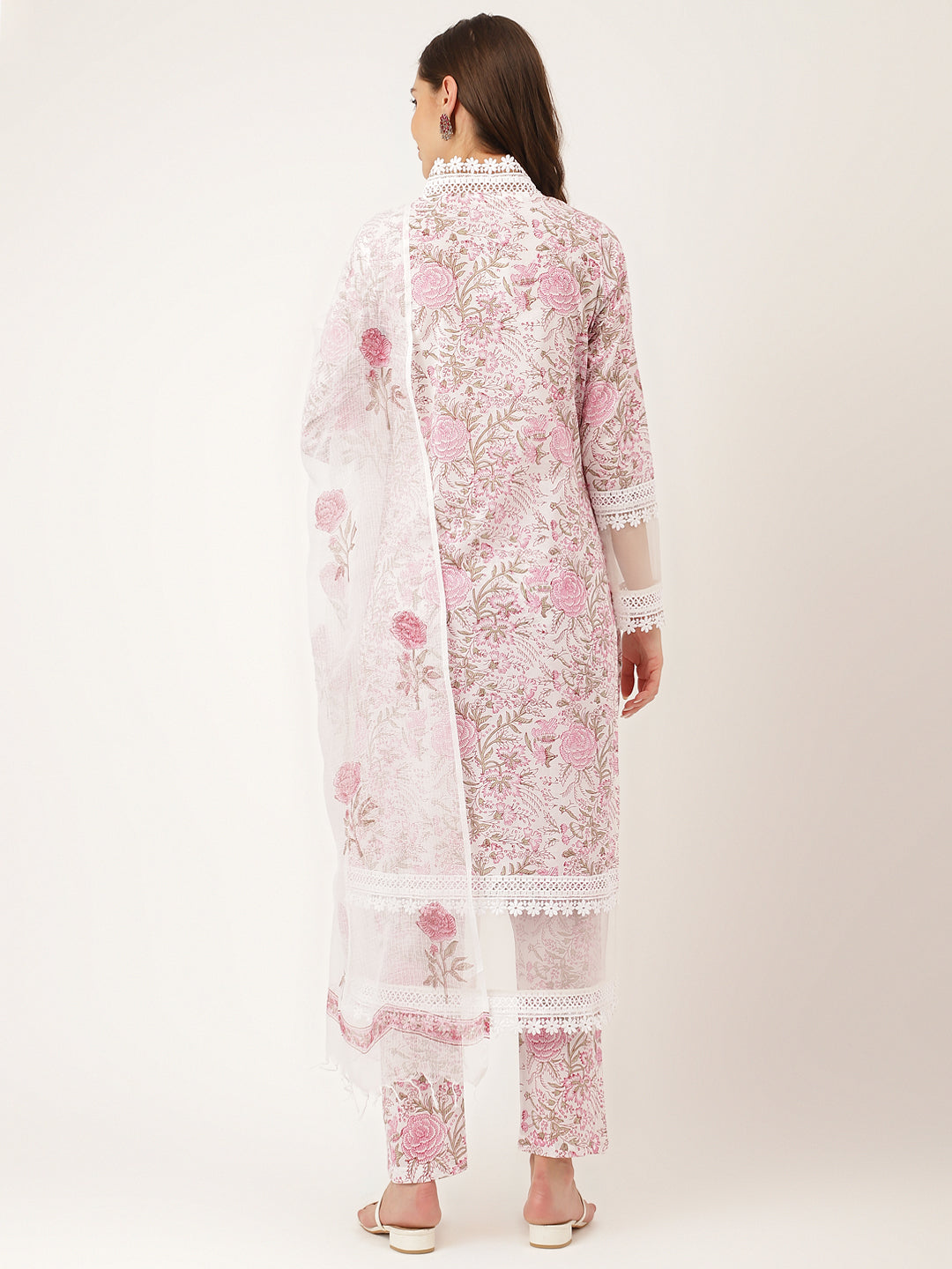 Women's White Hand Block Floral Print Cotton Kurta, Trouser With Dupatta - Taantav