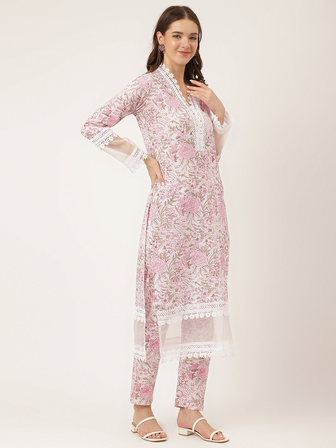 Women's White Hand Block Floral Print Cotton Kurta, Trouser With Dupatta - Taantav