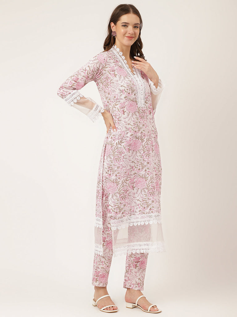 Women's White Hand Block Floral Print Cotton Kurta, Trouser With Dupatta