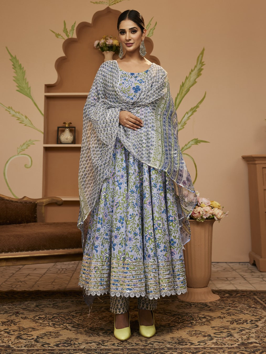 Women's Hand block Floral Printed Blue Anarkali Cotton Kurta With Trousers & Dupatta - Taantav