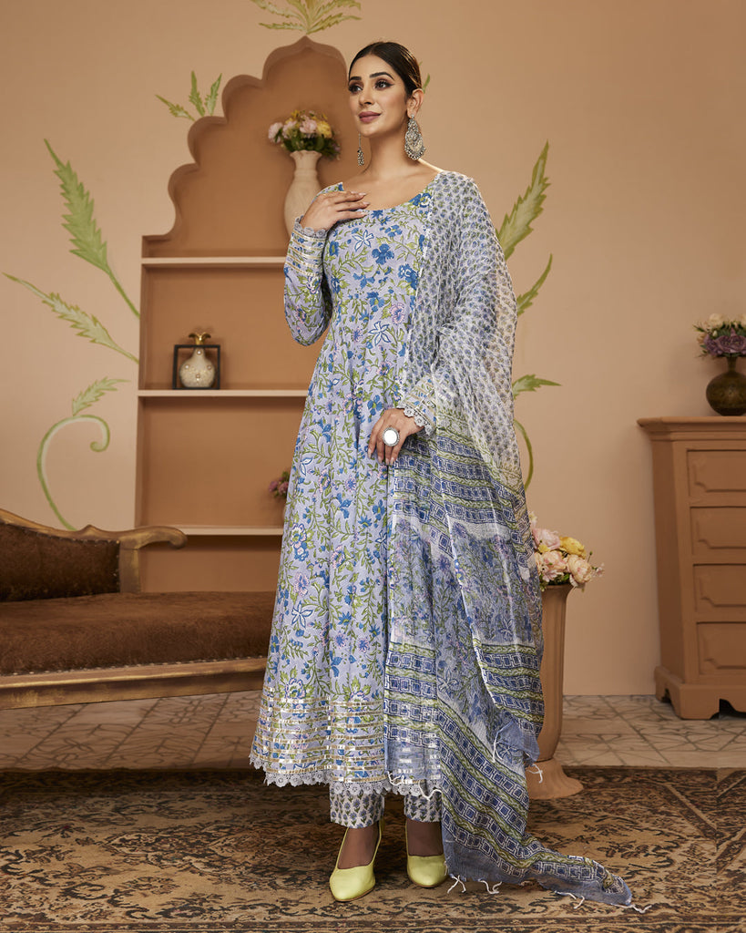 Women's Hand block Floral Printed Blue Anarkali Cotton Kurta With Trousers & Dupatta