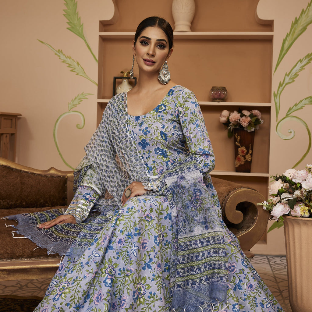 Women's Hand block Floral Printed Blue Anarkali Cotton Kurta With Trousers & Dupatta