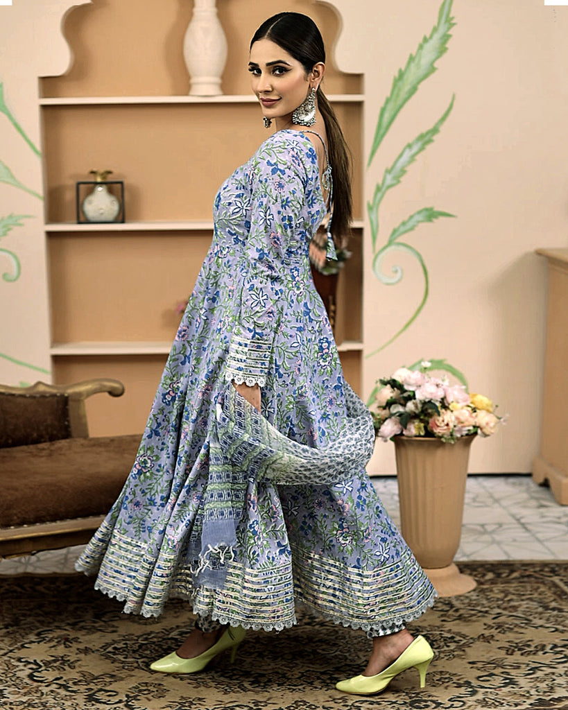 Women's Hand block Floral Printed Blue Anarkali Cotton Kurta With Trousers & Dupatta