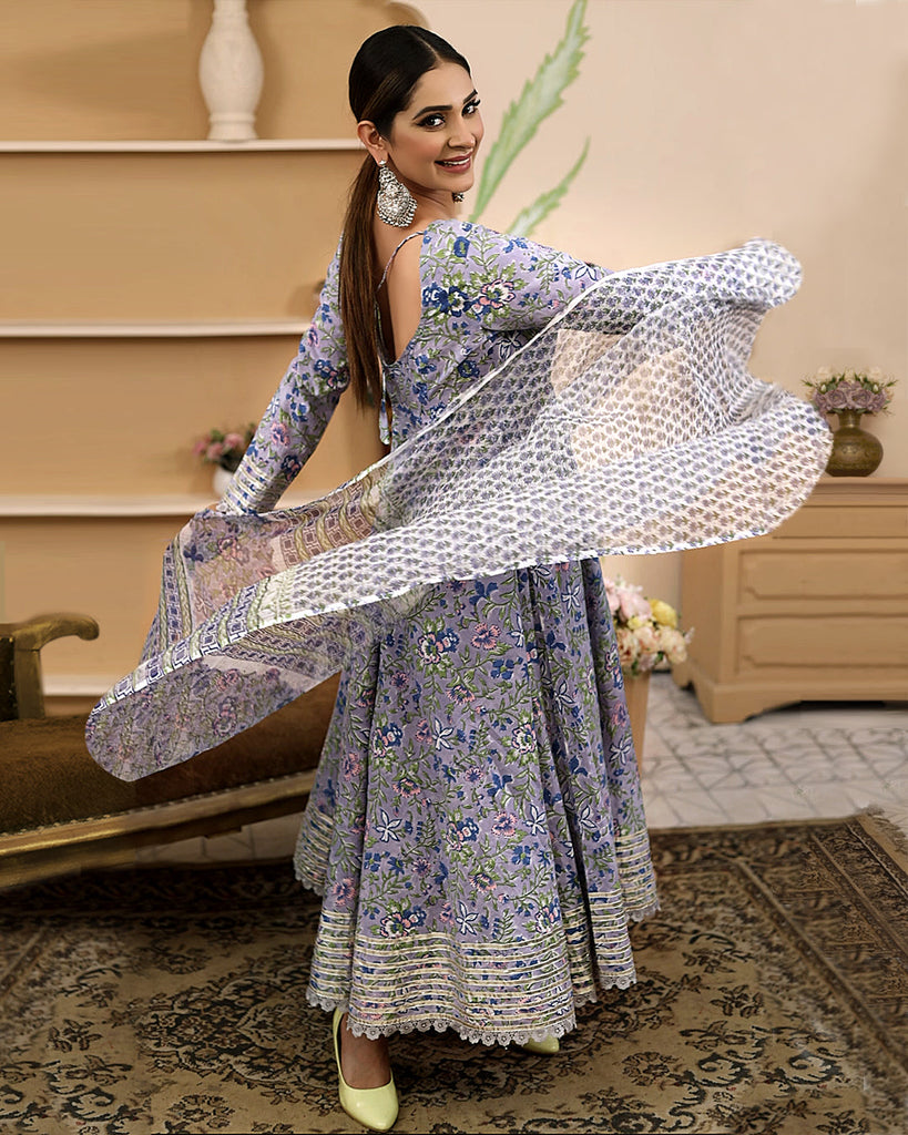 Women's Hand block Floral Printed Blue Anarkali Cotton Kurta With Trousers & Dupatta