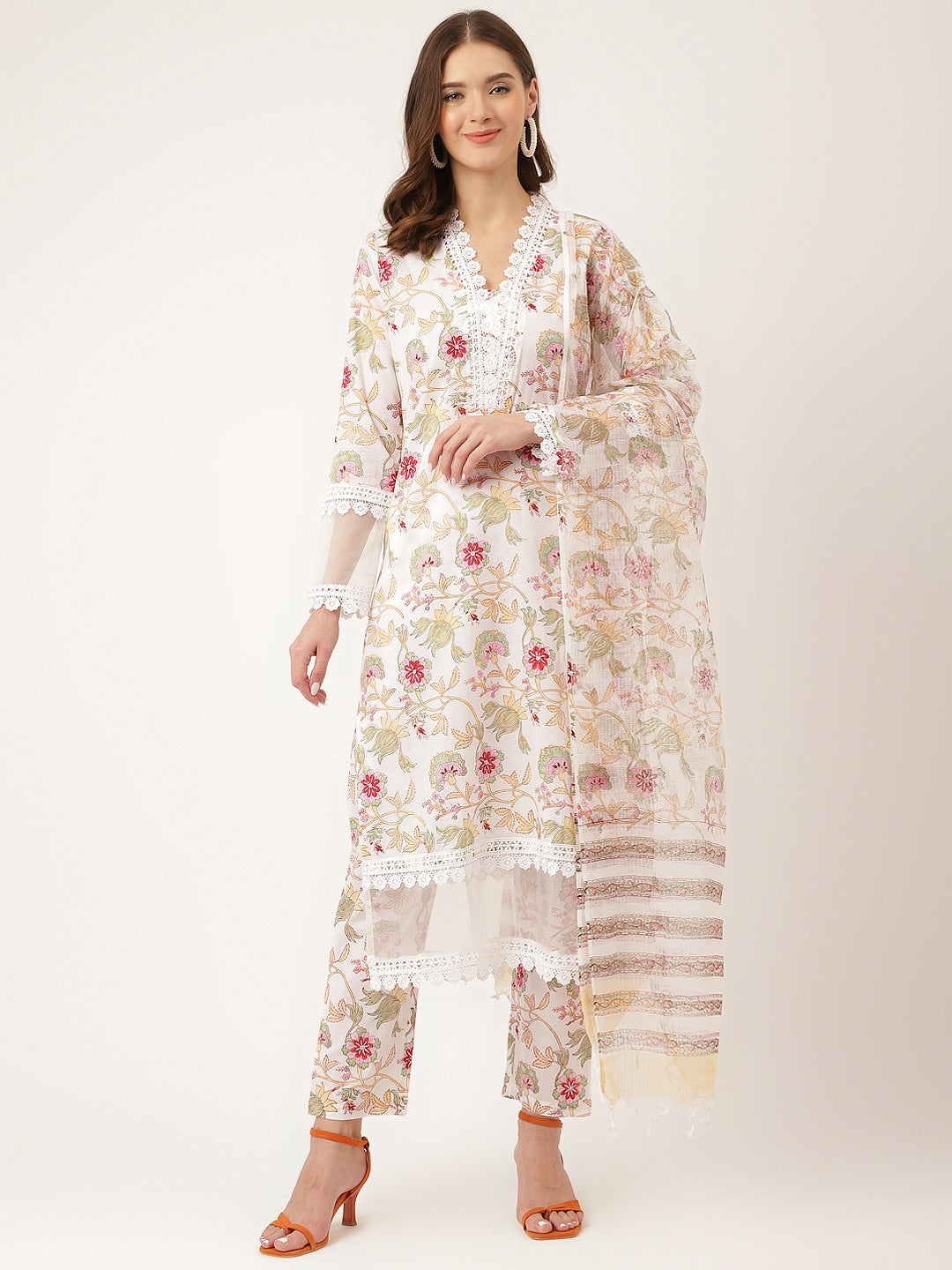 Women's White Hand Block Floral Print Cotton Kurta, Trouser With Dupatta