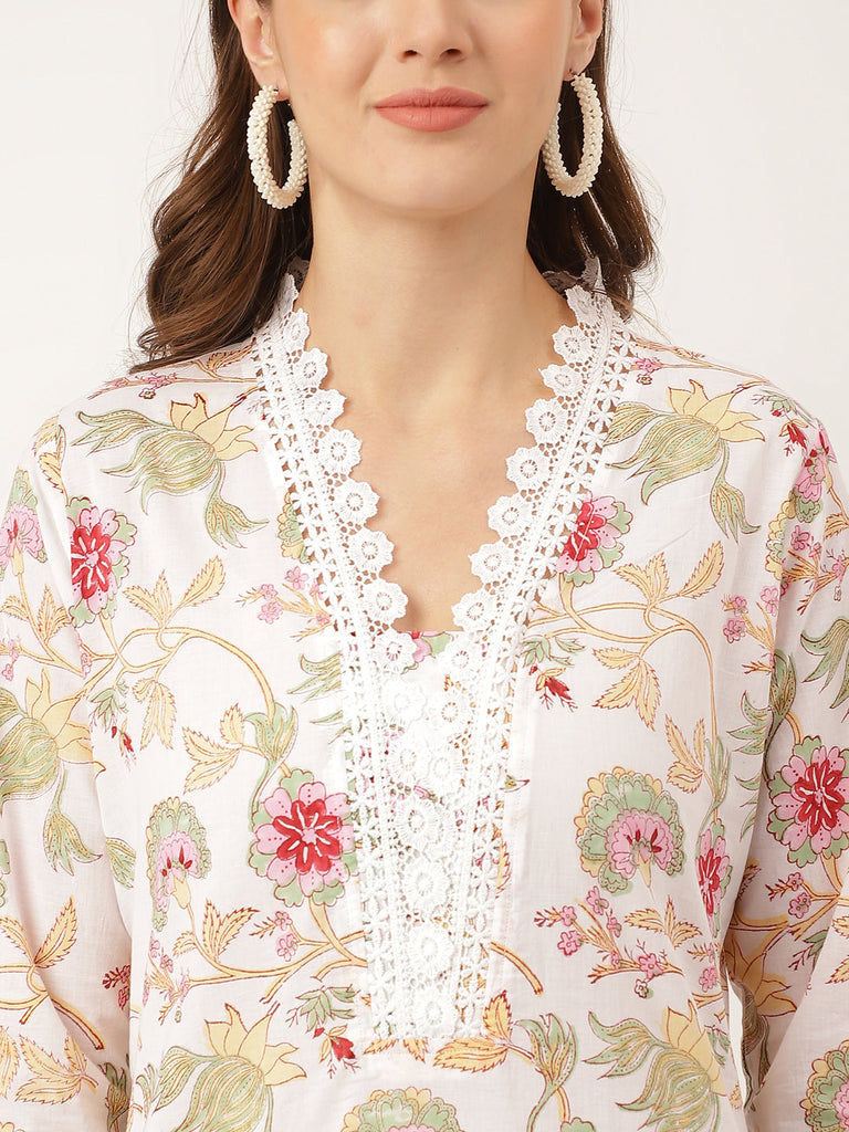Women's White Hand Block Floral Print Cotton Kurta, Trouser With Dupatta
