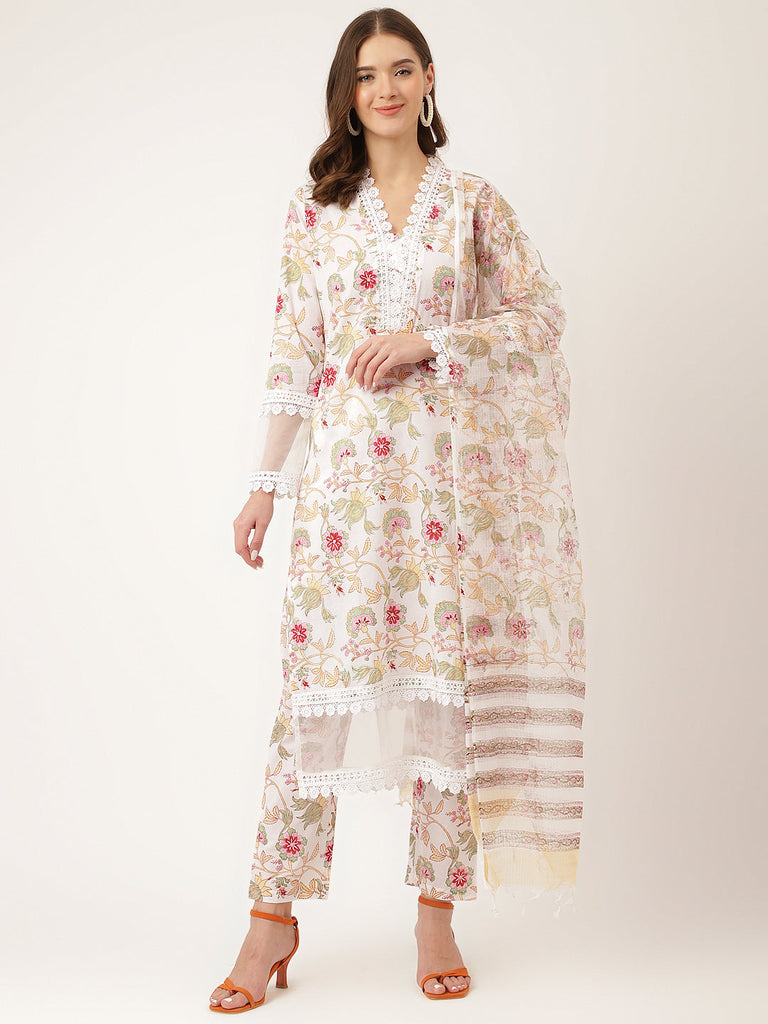 Women's White Hand Block Floral Print Cotton Kurta, Trouser With Dupatta