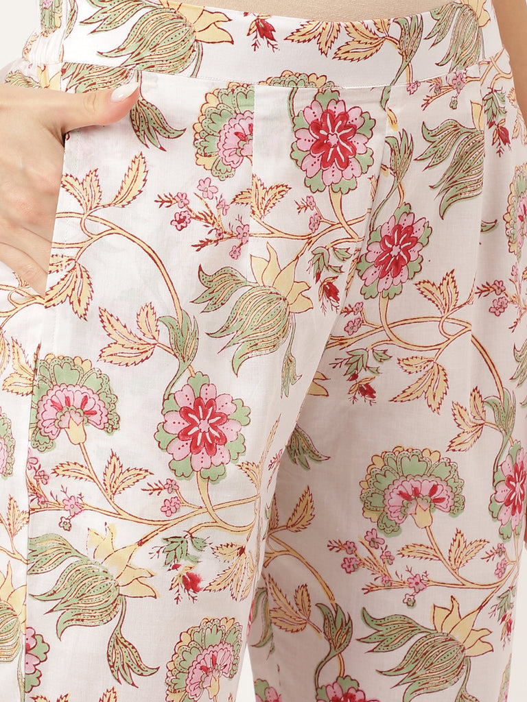 Women's White Hand Block Floral Print Cotton Kurta, Trouser With Dupatta