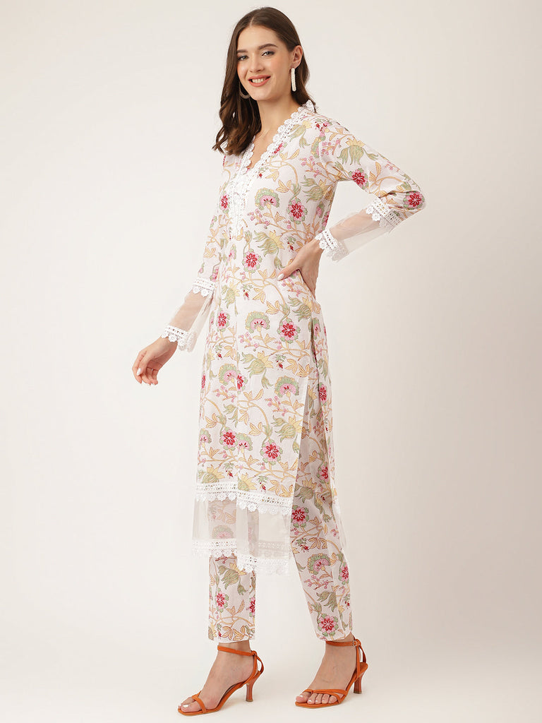 Women's White Hand Block Floral Print Cotton Kurta, Trouser With Dupatta