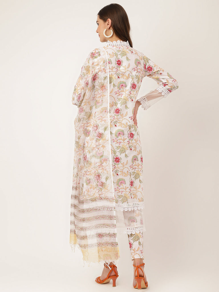 Women's White Hand Block Floral Print Cotton Kurta, Trouser With Dupatta