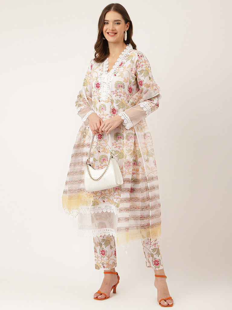 Women's White Hand Block Floral Print Cotton Kurta, Trouser With Dupatta