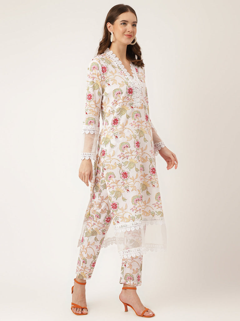 Women's White Hand Block Floral Print Cotton Kurta, Trouser With Dupatta