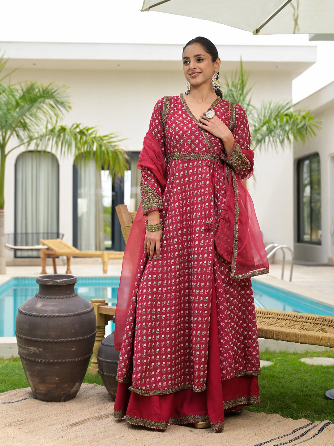 Women's Maroon Printed & Zari Embroidered Rayon Layered Kurta with Dupatta Set for Women - Taantav