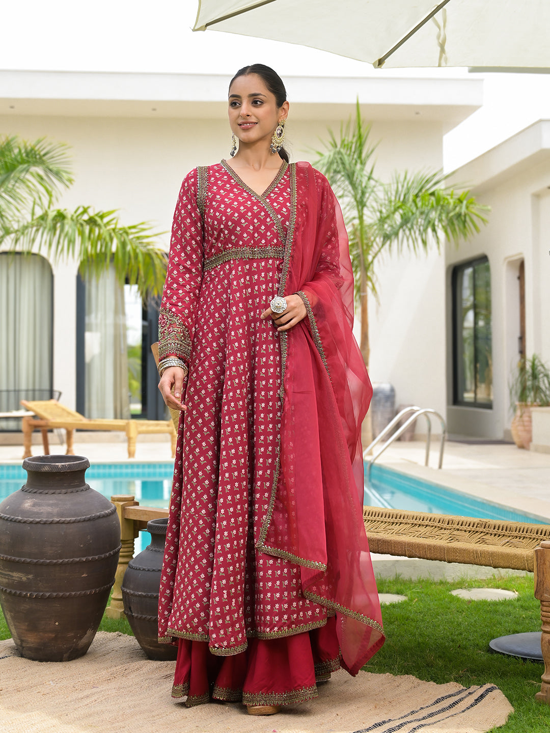 Women's Maroon Printed & Zari Embroidered Rayon Layered Kurta with Dupatta Set for Women - Taantav