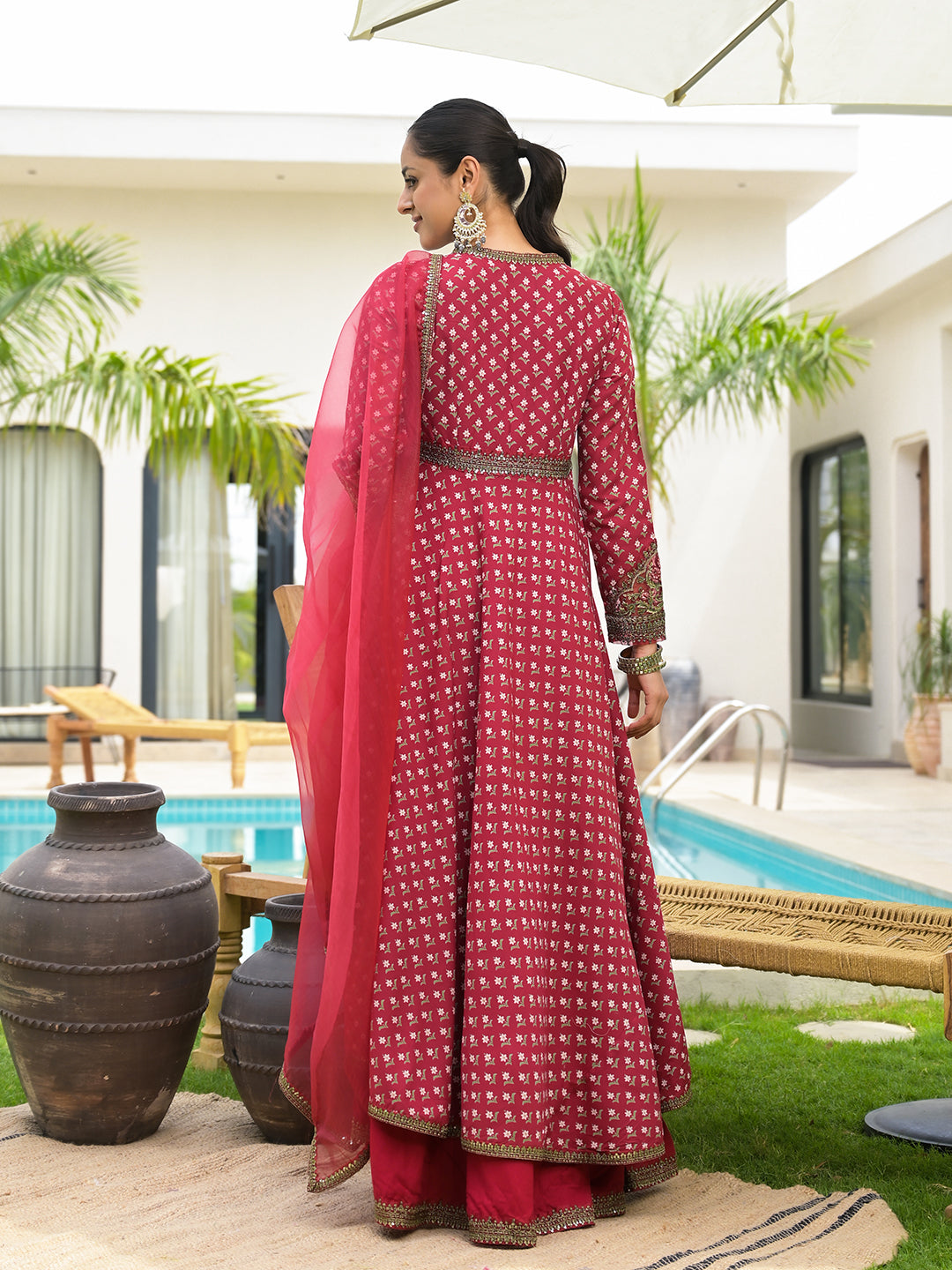 Women's Maroon Printed & Zari Embroidered Rayon Layered Kurta with Dupatta Set for Women - Taantav