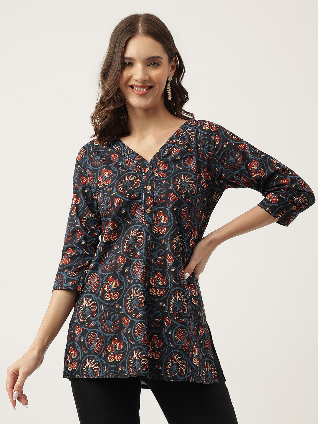 Women's Navy Blue Floral Printed Cotton Peplum fit V-Neck Top