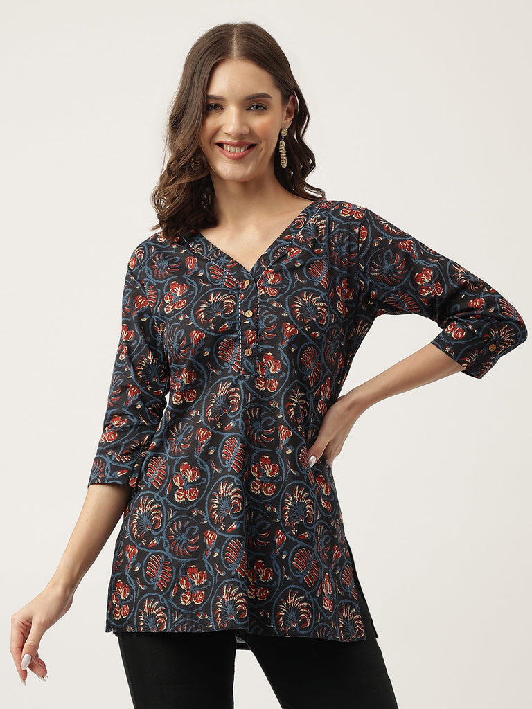 Women's Navy Blue Floral Printed Cotton Peplum fit V-Neck Top