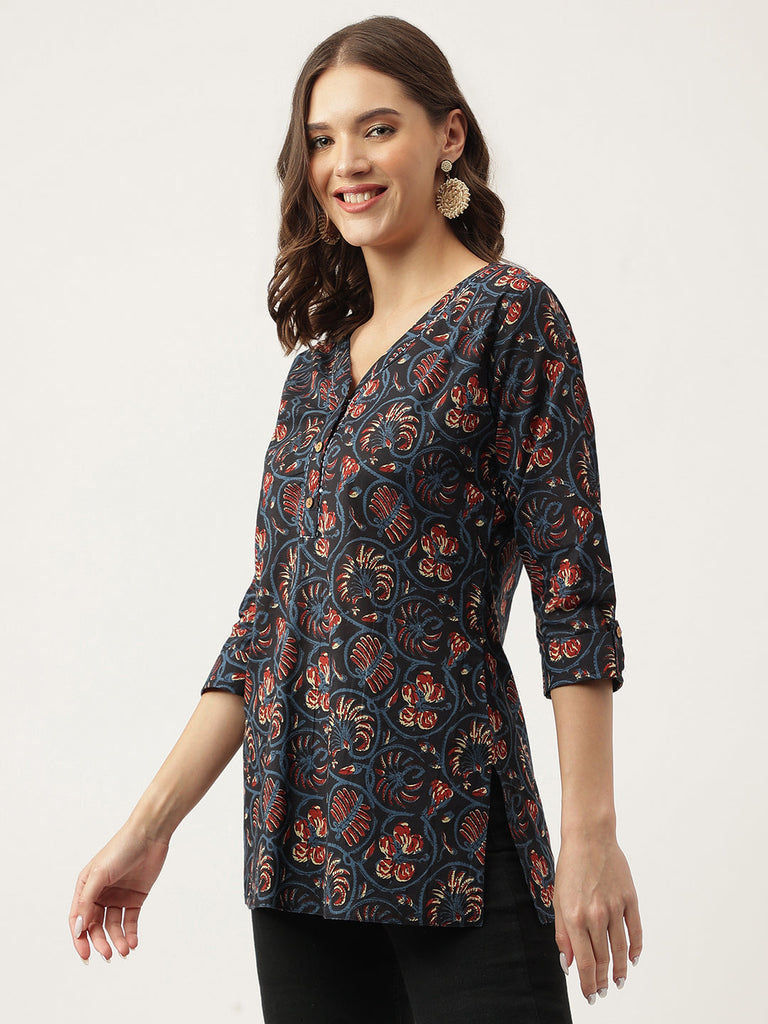 Women's Navy Blue Floral Printed Cotton Peplum fit V-Neck Top