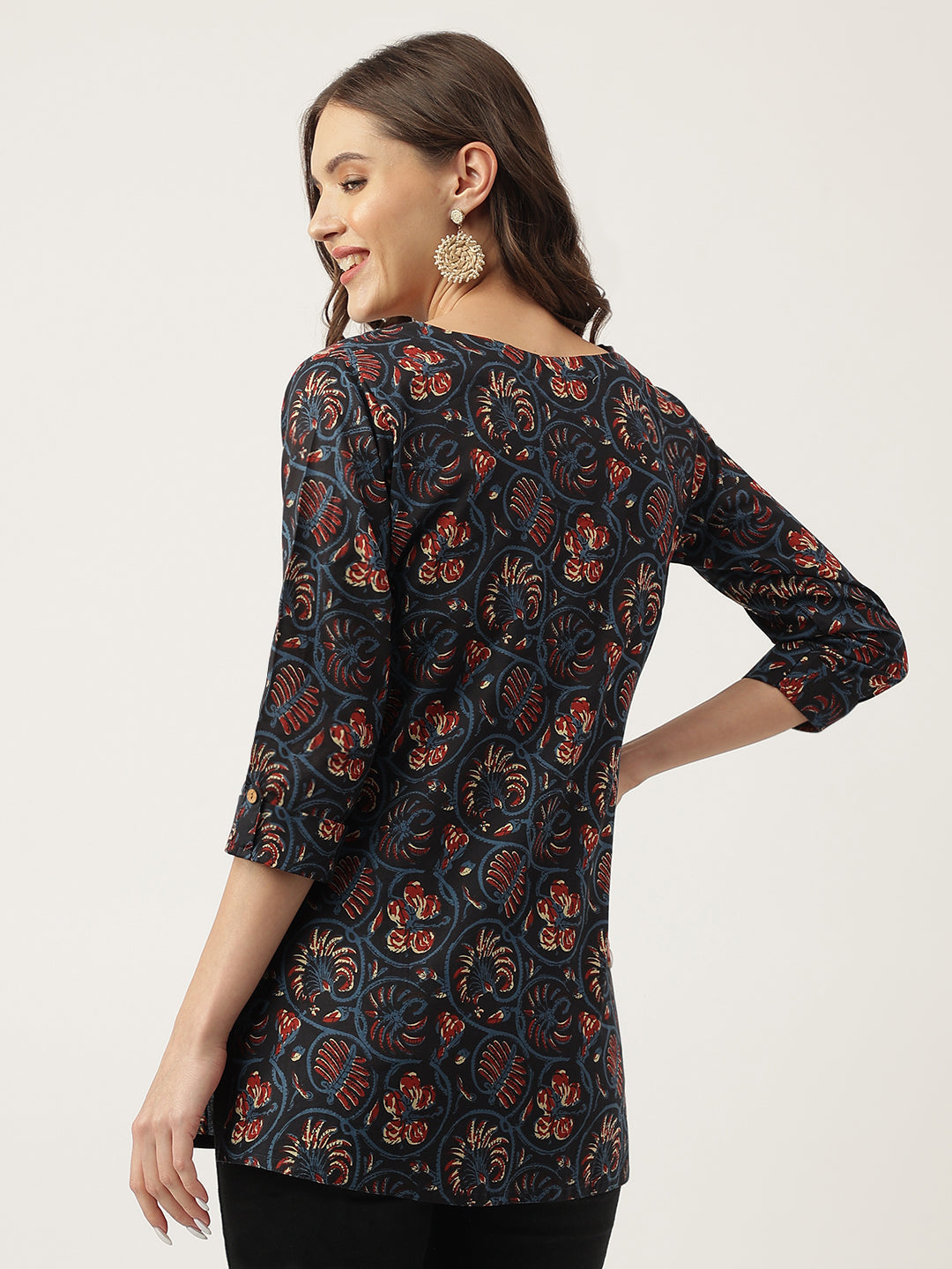 Women's Navy Blue Floral Printed Cotton Peplum fit V-Neck Top - Taantav