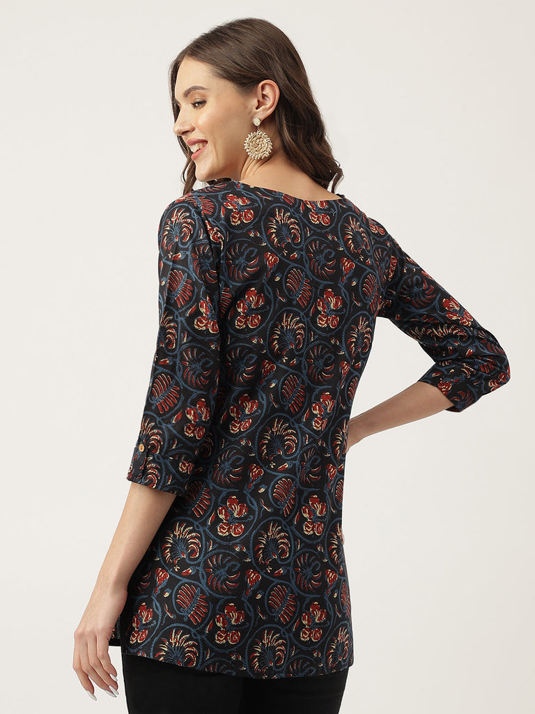 Women's Navy Blue Floral Printed Cotton Peplum fit V-Neck Top