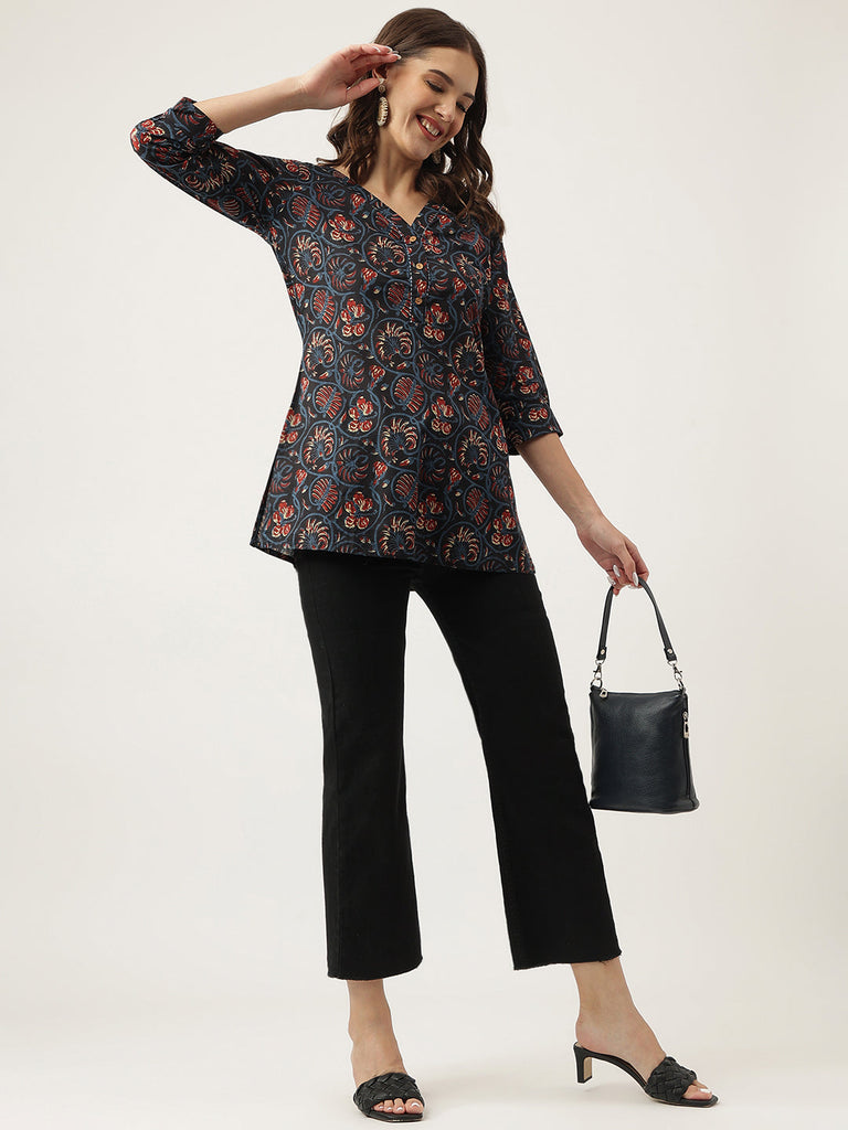 Women's Navy Blue Floral Printed Cotton Peplum fit V-Neck Top