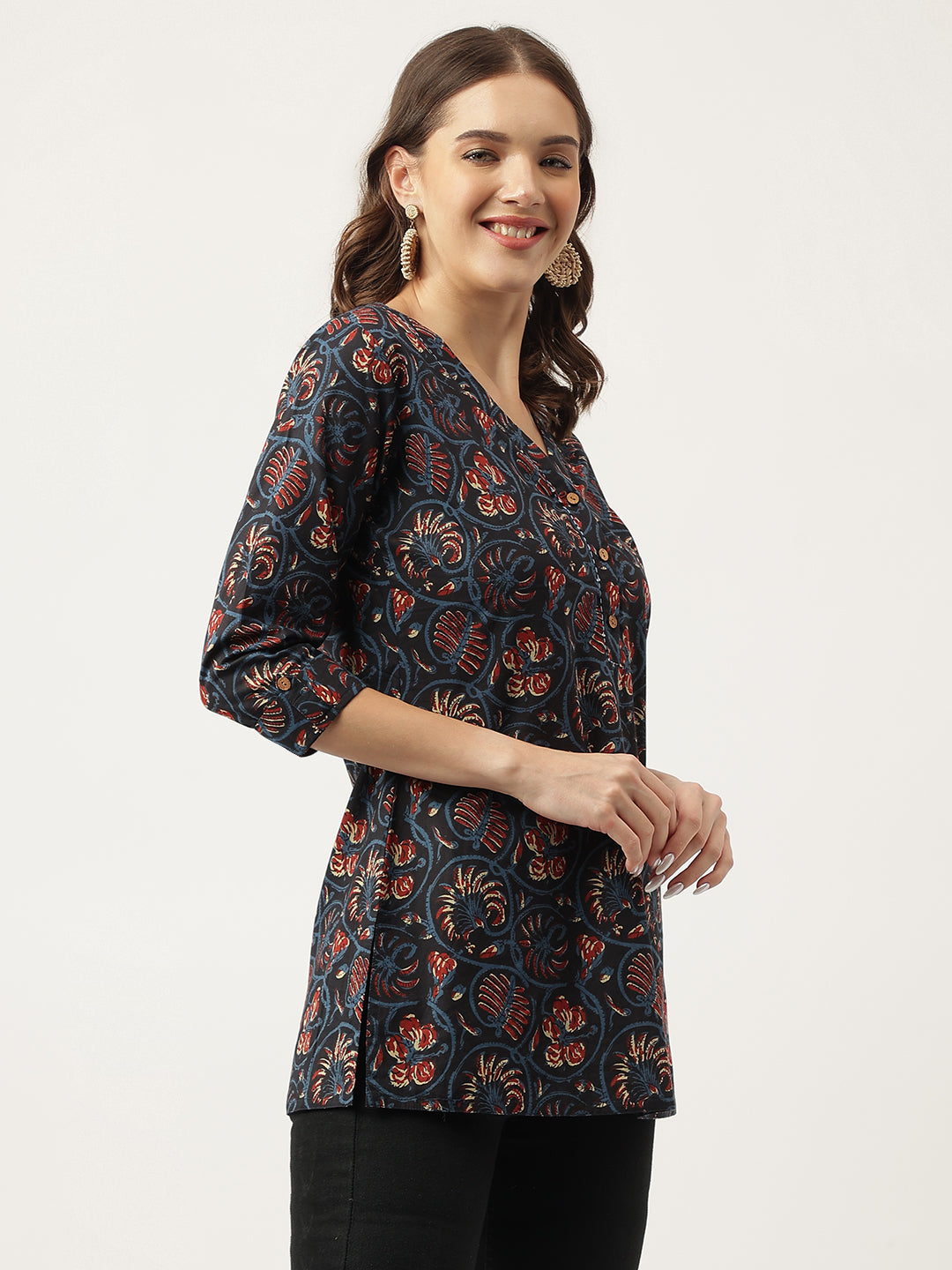 Women's Navy Blue Floral Printed Cotton Peplum fit V-Neck Top - Taantav