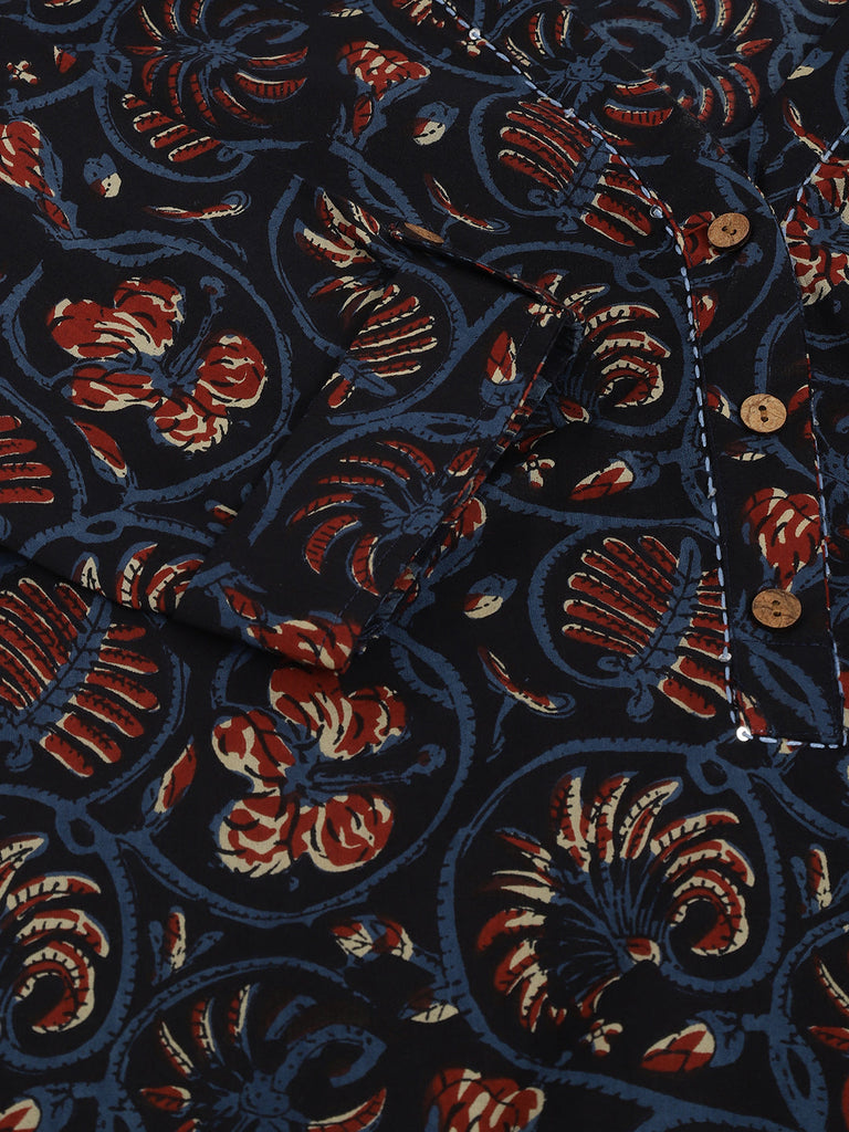 Women's Navy Blue Floral Printed Cotton Peplum fit V-Neck Top