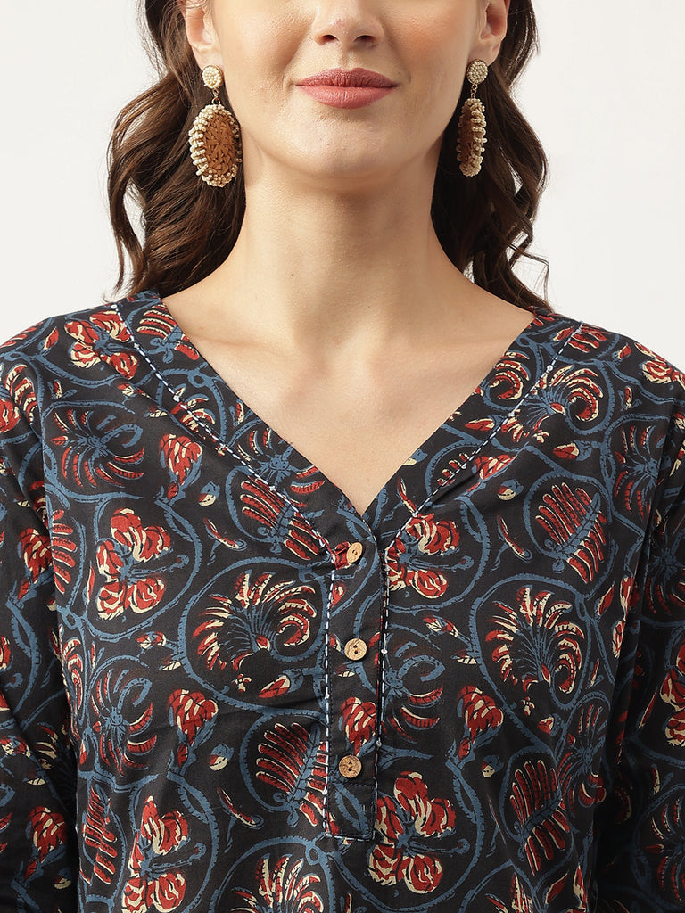 Women's Navy Blue Floral Printed Cotton Peplum fit V-Neck Top