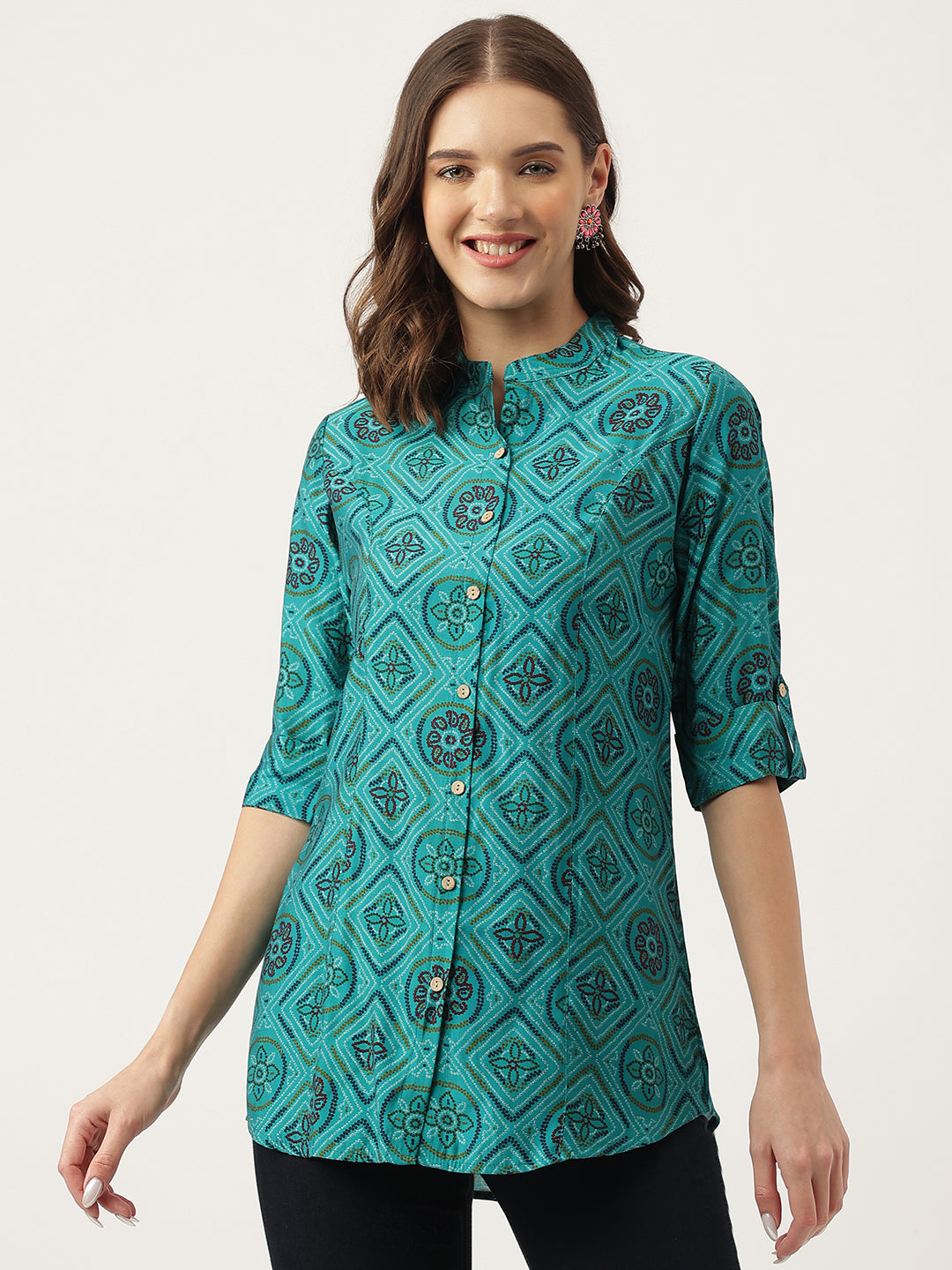 Women's Turquoise Blue Printed Muslin Fold Sleeve top - Taantav